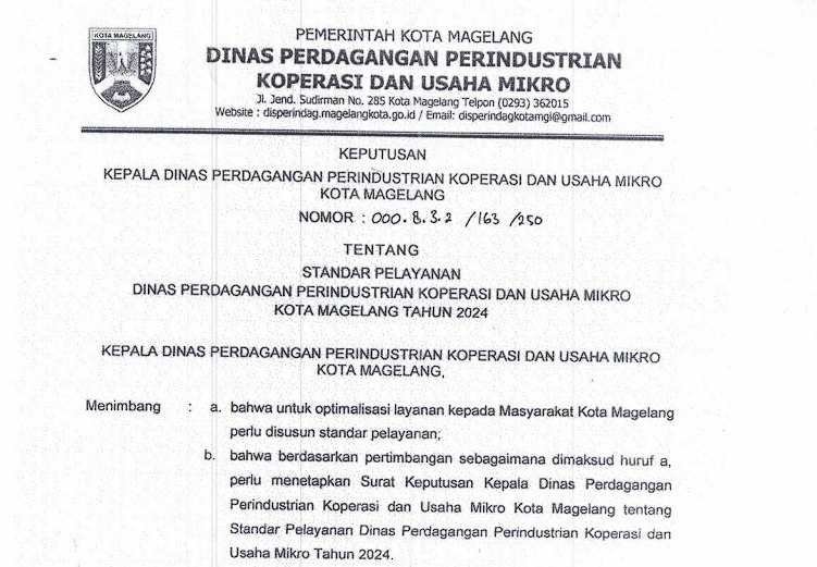 STANDAR PELAYANAN DINAS PERDAGANGAN, PERINDUSTRIAN, KOPERASI DAN USAHA MIKRO KOTA MAGELANG TAHUN 2024